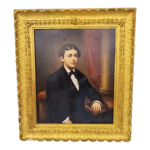 19th Century American School Portrait Painting of a Boy in Gold Frame
