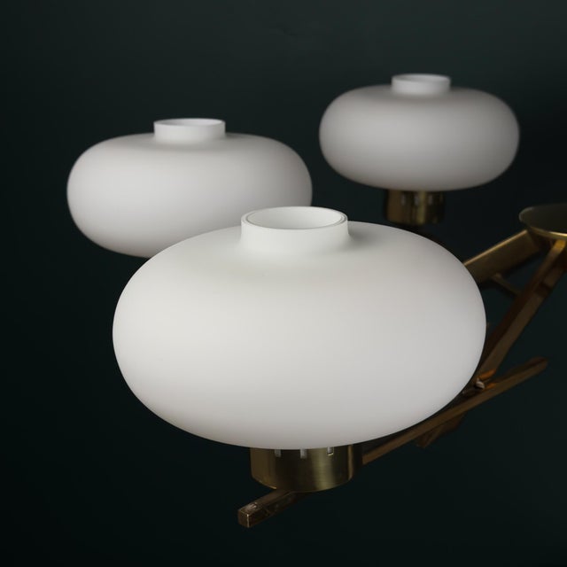 Metal Mid-Century Brass and Opaline Glass Chandelier from Stilnovo, Italy, 1970s For Sale - Image 7 of 18