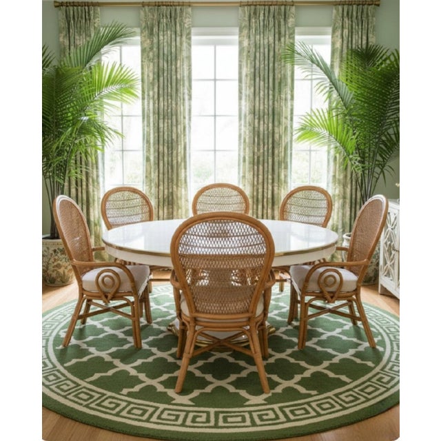 Traditional Vintage Large Rattan Honey Tone Coastal Regency Curled Arm Fan Back Dining Chairs- Set of 6 For Sale - Image 3 of 8