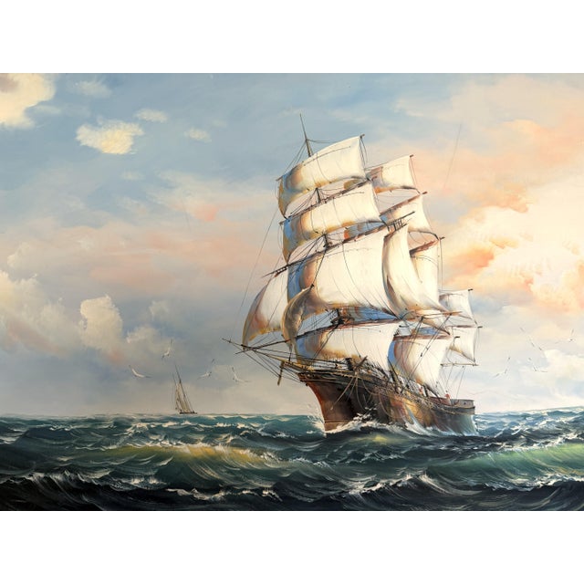 A dramatic and beautifully executed marine oil painting depicting a powerful three-masted clipper ship cutting through...