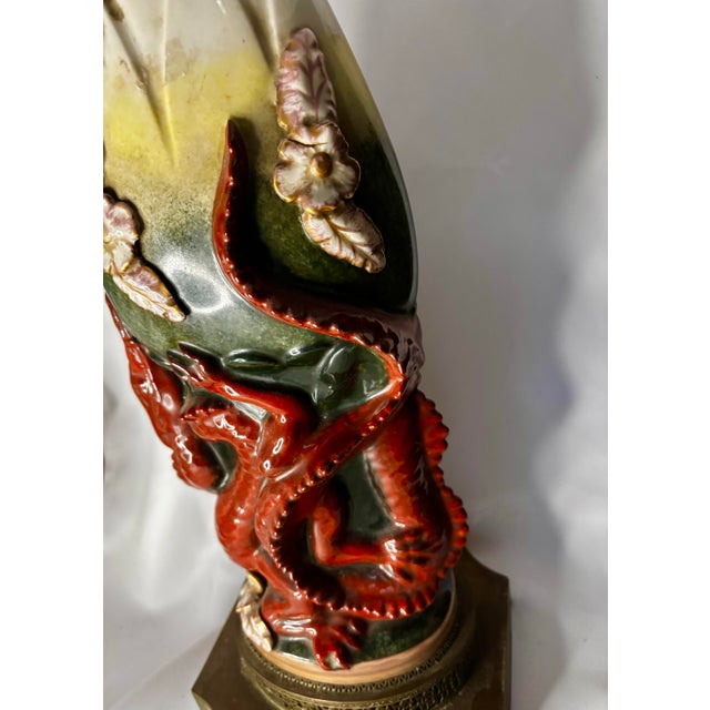 Sculptural Ceramic Dragon Table Lamp With Applied Flowers and Pierced Metal Base For Sale - Image 4 of 9