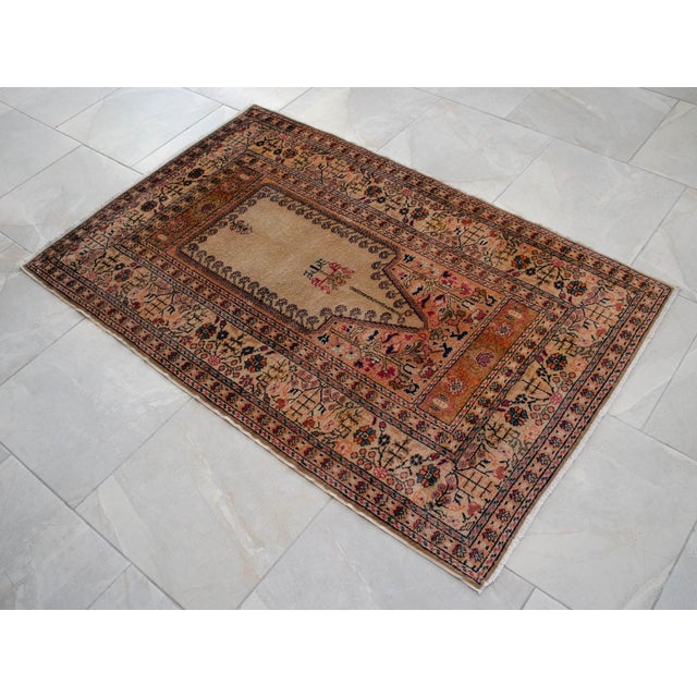 Vintage Hand-Knotted Turkish Rug Prayer Rug Super Fine Wool Rug Wall Decor Religious Tapestry 3x5 Ft Approx For Sale - Image 12 of 18