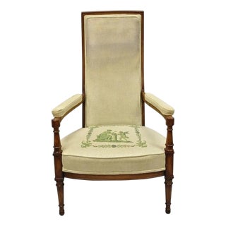 Vintage Italian Hollywood Regency Tall Back Upholstered Cherry Lounge Arm Chair For Sale