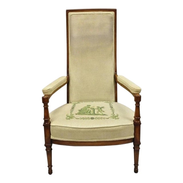 Vintage Italian Hollywood Regency Tall Back Upholstered Cherry Lounge Arm Chair For Sale