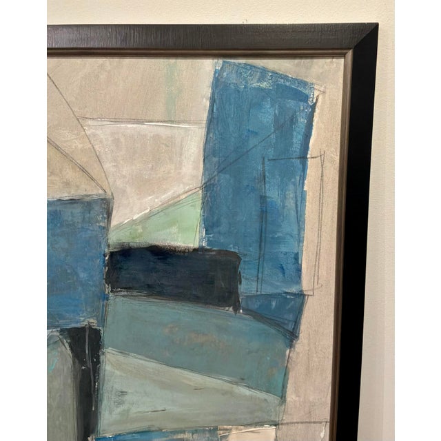 Mod-Century Modern Abstract Blue and Cream Painting For Sale - Image 4 of 6