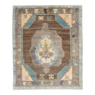 Brown Modern Oushak Handmade Medallion Floral Motif Wool Rug For Sale