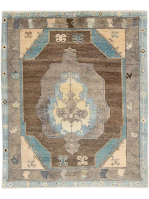 Brown Modern Oushak Handmade Medallion Floral Motif Wool Rug
