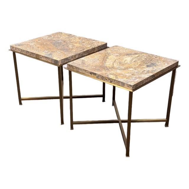 Bassett Furniture Square Stone Top End Tables, Pair For Sale