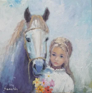 Original Impressionist Oil Painting, Girl and Horse