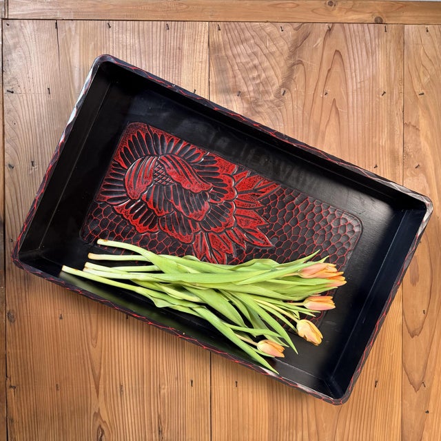 Mid-Century Modern Japanese Wooden Tray with Floral Motif, 1960s For Sale - Image 3 of 11