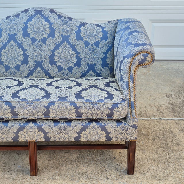 Baker Furniture Company Mid-20th Century Blue Damask Camelback Settee Loveseat Petite Sofa Rolled Arms Nailhead Trim For Sale - Image 4 of 16