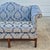 Baker Furniture Company Mid-20th Century Blue Damask Camelback Settee Loveseat Petite Sofa Rolled Arms Nailhead Trim For Sale - Image 4 of 16