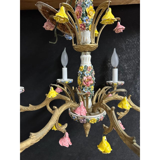 French Country Vintage Capodimonte-Style Porcelain Floral Six-Light Chandelier For Sale - Image 3 of 7