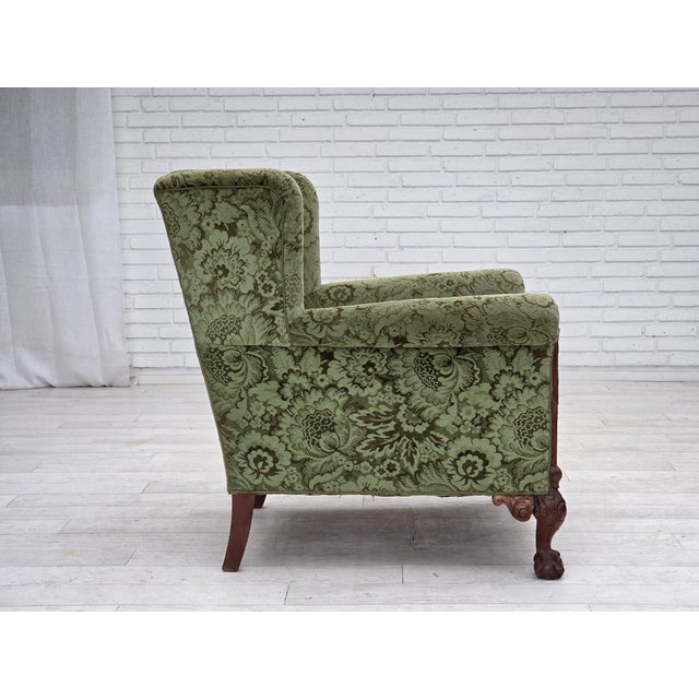 1950s Danish Armchair in Green Velour and Carved Oak, 1950s For Sale - Image 5 of 18