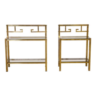 Mid 20th Century Pair of Brass & Smoked Glass Art Deco Sofa End Tables For Sale