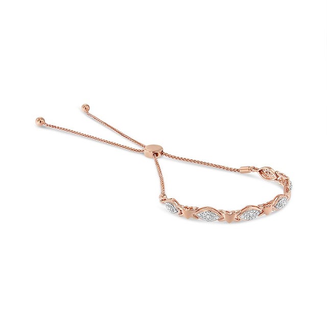 Contemporary 14K Rose Gold Plated .925 Sterling Silver Diamond Accent Alternating Marquise Shape and Heart Links Bolo Bracelet - Adjustable 6" to 9" For Sale - Image 3 of 7