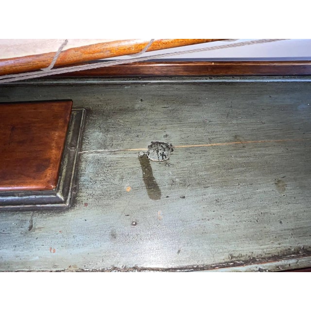 Fine antique clinker built pond yacht. Expertly planked hull. Canvas covered deck is painted green. Nice suit of linen...