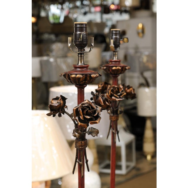 Stunning Pair of 1940s Italian Tole Floor Lamps, Gilt & Garnet Red For Sale - Image 11 of 12