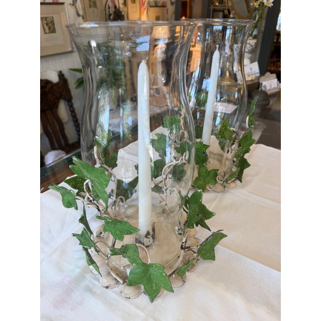 Vintage Ivy Metal Tole Hurricane Candle Holders Pair For Sale - Image 10 of 14