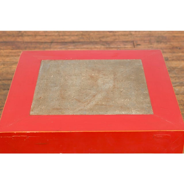 Chinese Vintage Red Lacquer Side Table with Qing Dynasty Stone Garden Tiles Top For Sale - Image 10 of 13