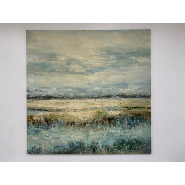Neutral & Blue Coastal Wetlands Canvas - Original Acrylic Art For Sale - Image 9 of 9