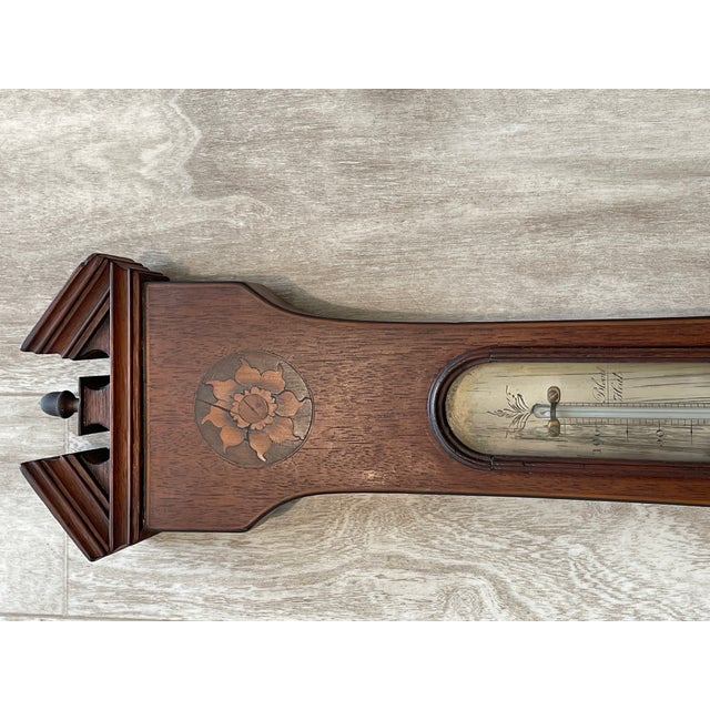 Antique Victorian Mahogany Banjo Barometer, 19th Century English Wheel Barometer With Shell Inlay, Large 38 Inch Weather Station For Sale - Image 4 of 12