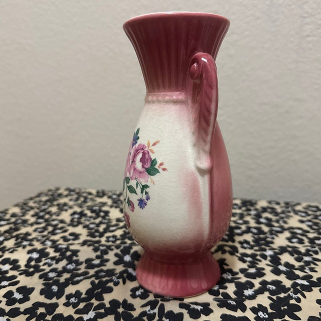 Royal Copley Cranberry Pink Red Rose 7" Vase Double Handle 1940s Art Pottery For Sale In New Orleans - Image 6 of 9