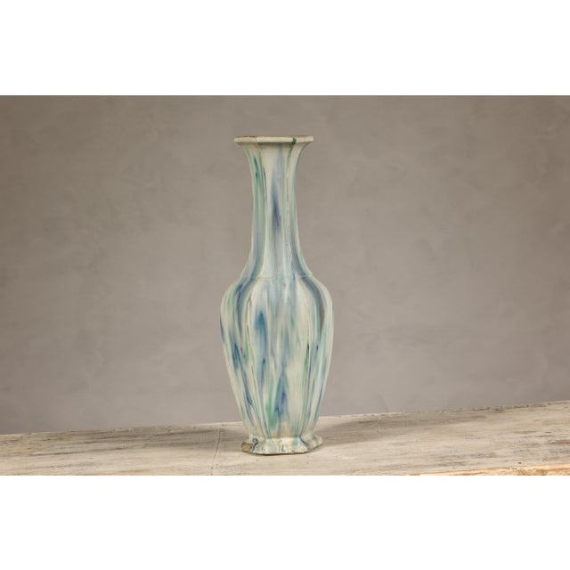 Chinoiserie Multi-Color Vase with Blue and Green Drip Accent on Cream Ground For Sale - Image 3 of 12
