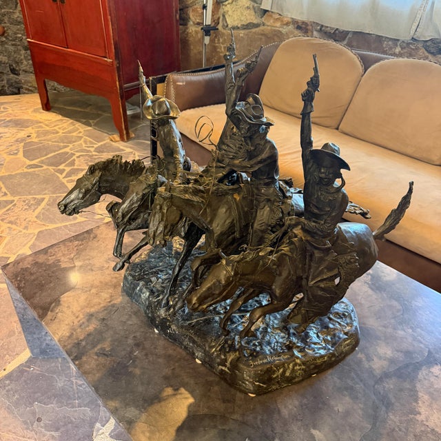 For your consideration, This large bronze sculpture is titled "Coming Through the Rye", depicting four cowboys on...