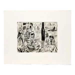 1950, Ink on Paper, Still Life Drawing of a Summer Picnic by Artist Francis Chapin