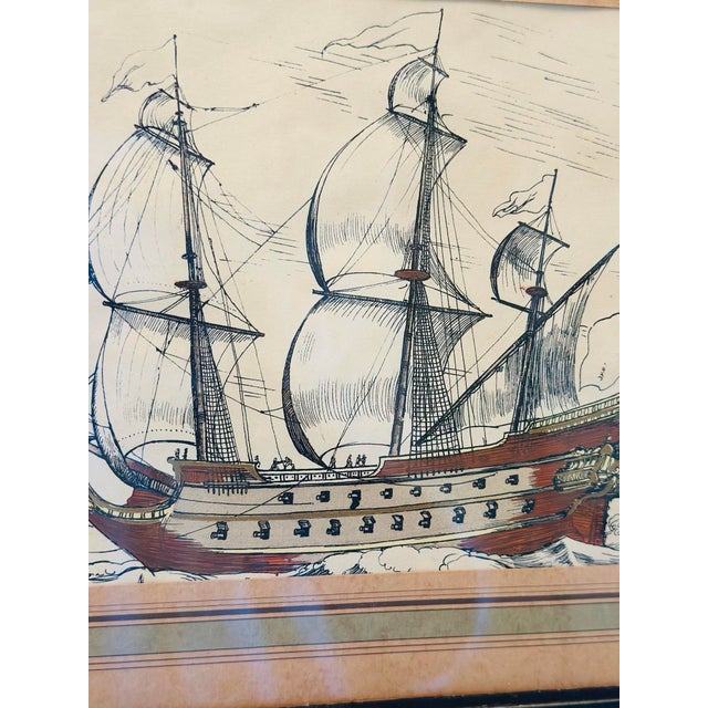 Vintage framed nautical print featuring a majestic fully rigged sailing ship rendered in fine pen-and-ink style with hand-...