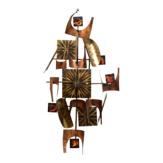 20thC .Mid-Century Modern Brutalist Wall Sculpture Is a Copper and Brass Art Piece Styled After Curtis Jere. For Sale