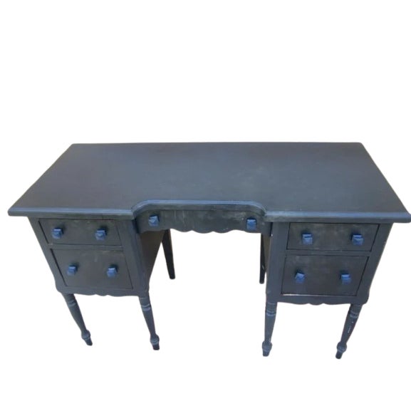 Vintage Dark Blue Wood Vanity With Stool 5 Drawer Cottage Style Style: Cottage Color: Dark Blue Dimensions: desk 44" W x...