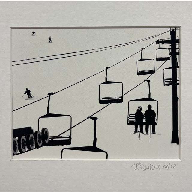 Black and White Ski Lift Signed and Dated 2003 Minimalist Winter Scene Matted Print For Sale - Image 4 of 8