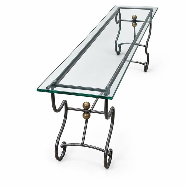 Mid-Century French Neo-Classical Style Wrought Iron Glass Top Console Table Credenza For Sale - Image 4 of 6