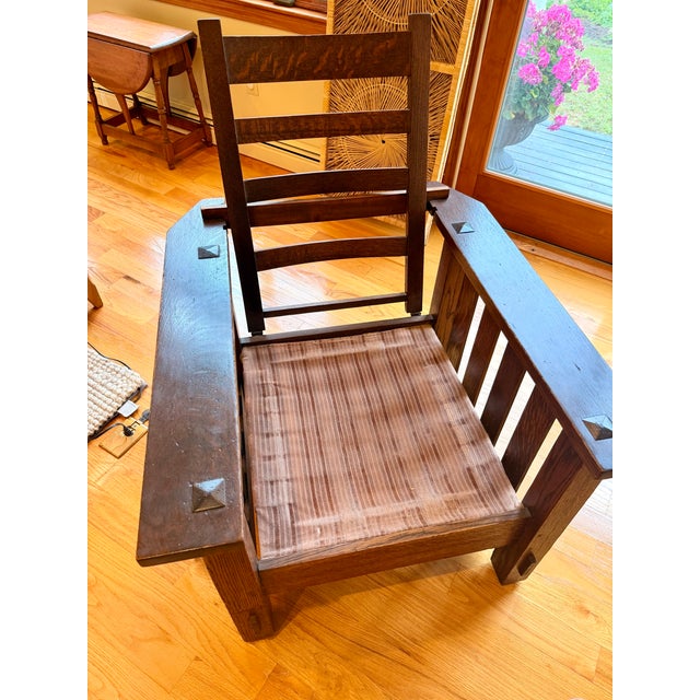 Antique j.m. Young Attributed Mission Morris Chair & Footstool Quarter Sawn Oak For Sale In Boston - Image 6 of 6