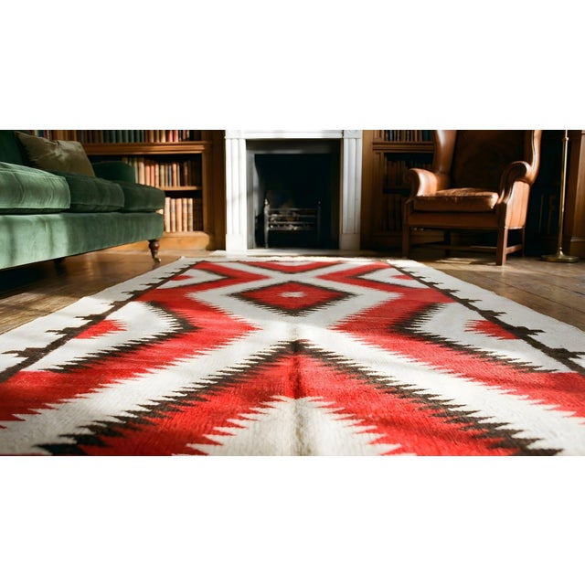 Red 1920s Red Geometric Tribal Antique Navajo Rug 5 X 8.03 Flatweave Wool Carpet For Sale - Image 8 of 8