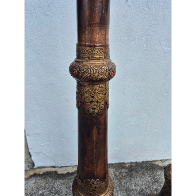 Traditional Pair of Antique Tibetan Ceremonial Horns or Dungchens For Sale - Image 3 of 6