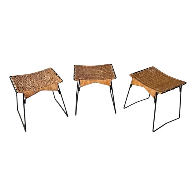 Vintage Wicker and Metal Stools by Raoul Guys, 1950s, Set of 3 For Sale