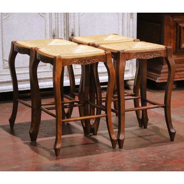 Early 21st Century Louis XV Style French Walnut Counter Stools With Rush Seats, Set of Four For Sale - Image 5 of 9