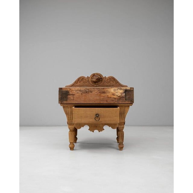 1900 - 1909 1900-1909 France Weathered Honey Oak Carved Oak Marble-Top Commode For Sale - Image 5 of 11