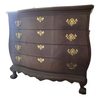 Mid 20th Century Drexel Heritage Heirlooms Collection Mahogany Bombay Chest With Carved Ball and Claw Feet Flame For Sale