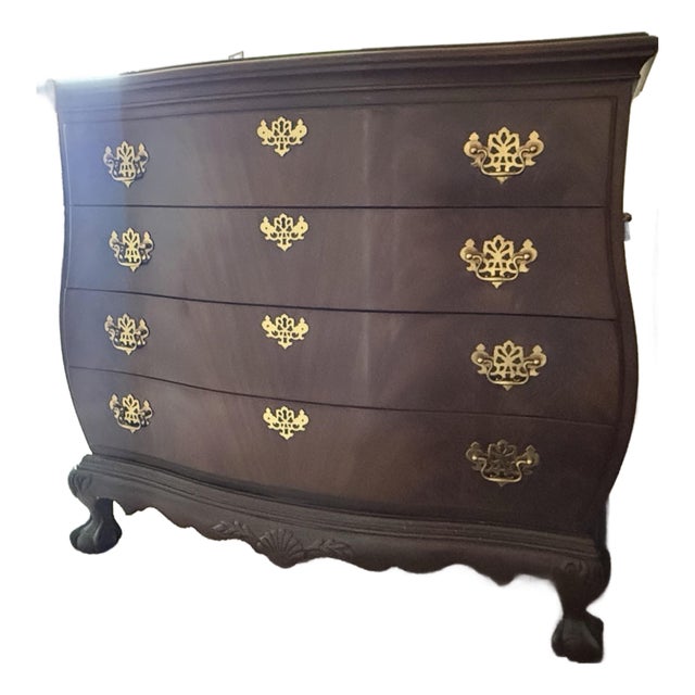 Mid 20th Century Drexel Heritage Heirlooms Collection Mahogany Bombay Chest With Carved Ball and Claw Feet Flame For Sale