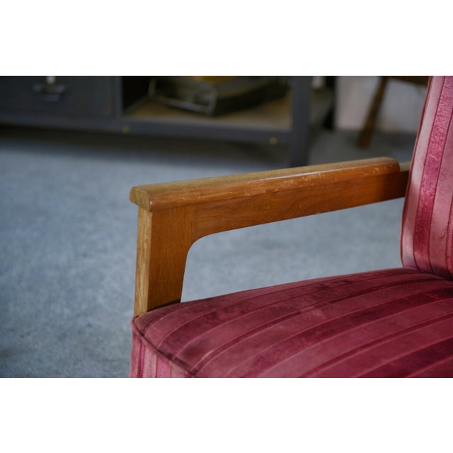 Oak and Velvet Armchair, 1940s For Sale - Image 4 of 14