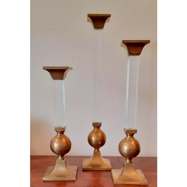 Mid 20th Century Vintage Xl Brass and Lucite Candlesticks Set 3 Candle Holders For Sale - Image 5 of 13