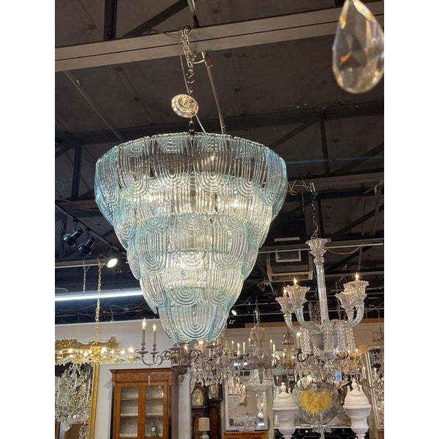 Modern aqua blue Murano glass waterfall chandelier. Circa 2000. The high-level craftsmanship, attention to detail and...