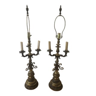Tall Antique Bronze Candelabra Table Lamps- Pair For Sale