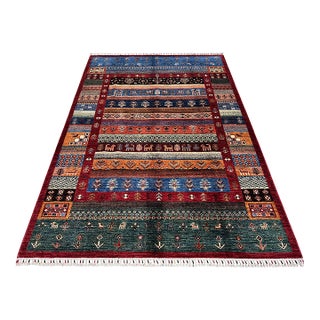 Multicolor Afghan Khorjin Hand-Knotted Wool Rug - 8'0" X 5'9" For Sale