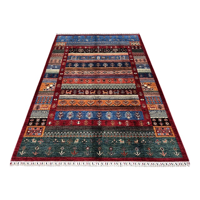 Multicolor Afghan Khorjin Hand-Knotted Wool Rug - 8'0" X 5'9" For Sale