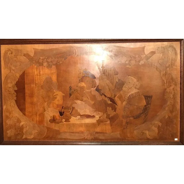 Monumental old wood inlaid mural, signed W. V. (unique) Naive art Large mural (wooden inlays) made of different woods....